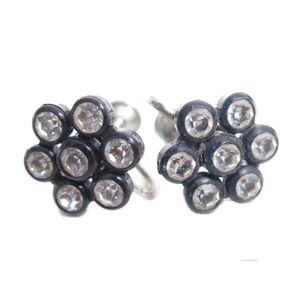 Vintage Art Deco Black‎ Flowers Clear Bezel Set Rhinestone Screw-Back Earrings